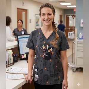 Disney Hocus Pocus Gray Scrub Top w/ Orange Accents